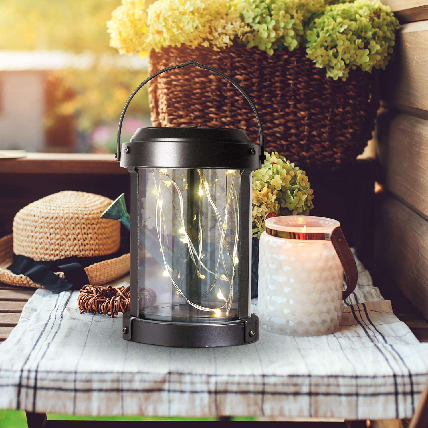 Feit Solar Fixtures 12 in. Solar Power Metal Round Coach Lantern Crackle Jar w/Fairy Lights Black