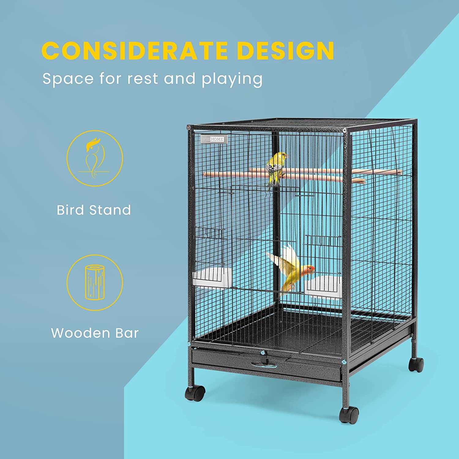 Vivohome Wrought Iron Bird Cage with Rolling Stand for Parrots， Lovebirds and Cockatiel， 30 Inch