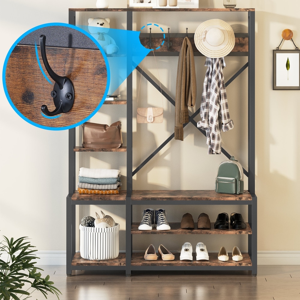 Entryway Hall Tree Coat Rack with Shoe Bench and Side Storage Shelves