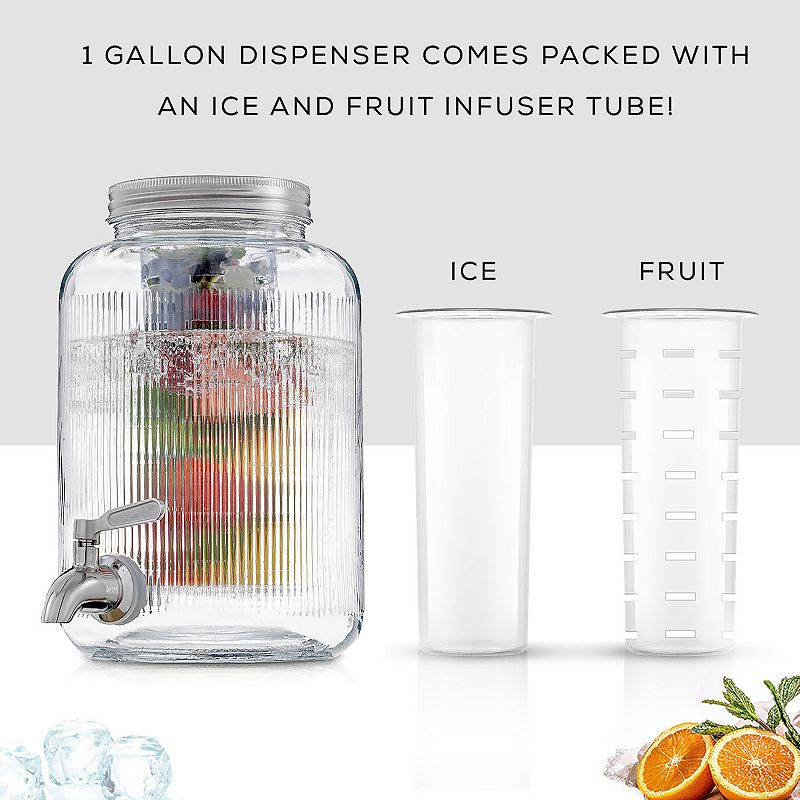 JoyJolt Glass Fluted Drink Dispenser with Spigot， Ice Infuser， and Fruit Infuser