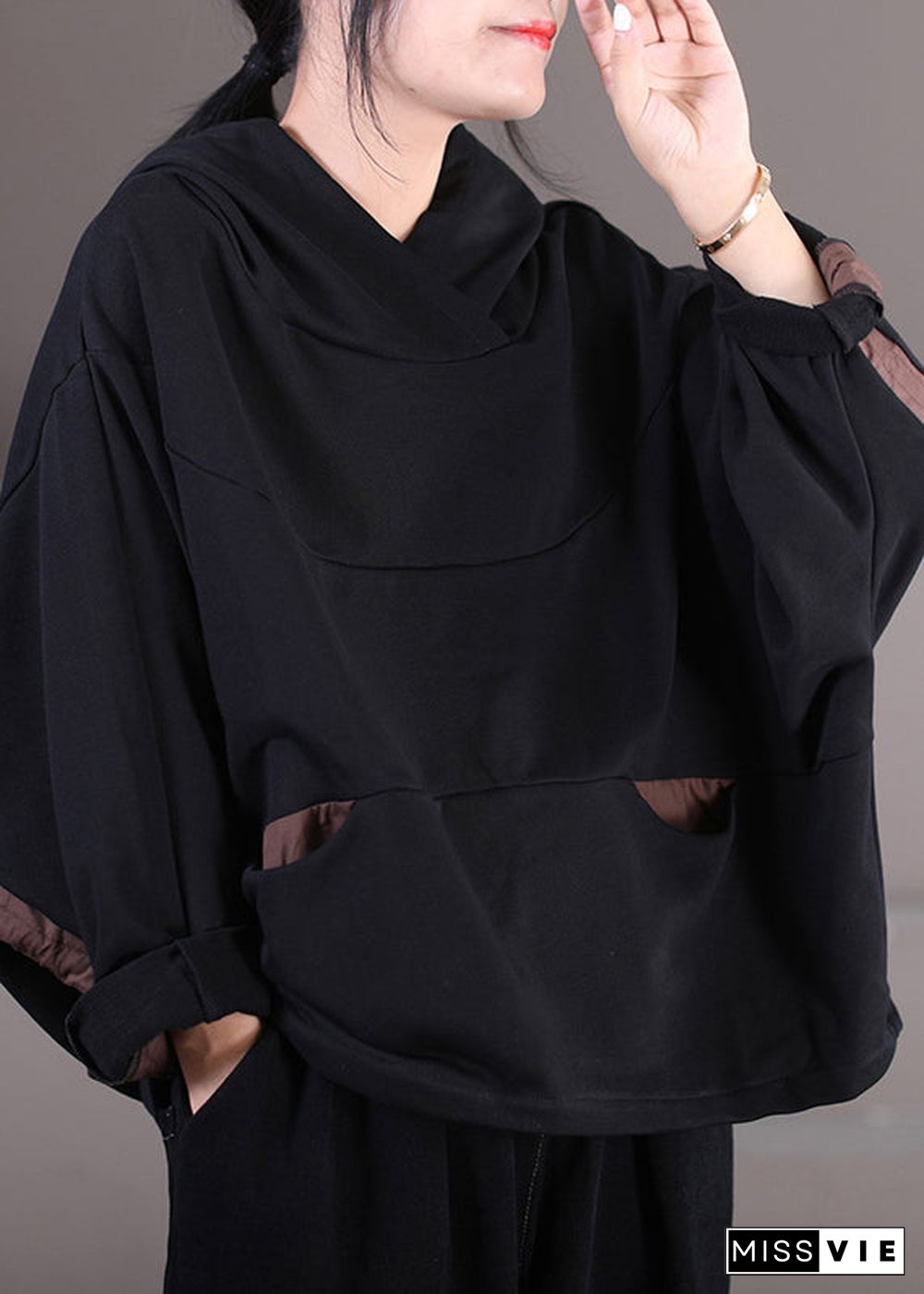 Modern Black Patchwork Drawstring Cotton Hooded Coat Long Sleeve