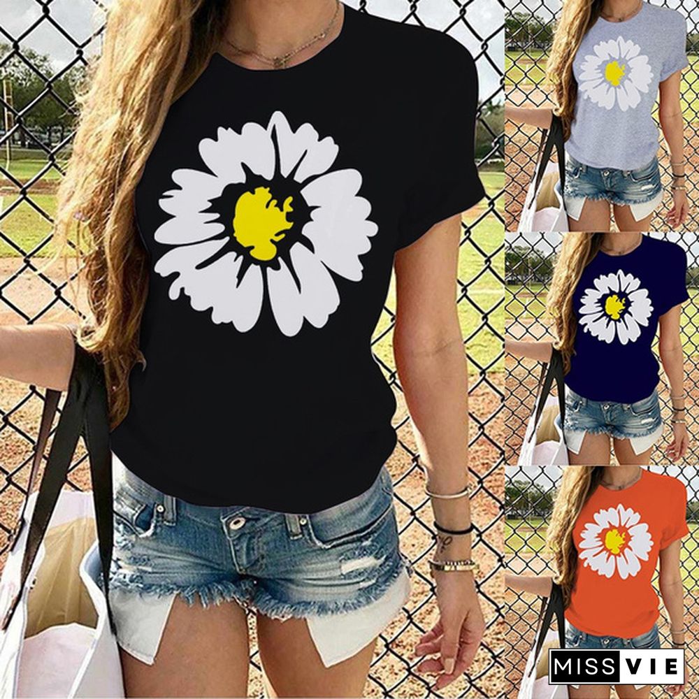 Funny Daisy Printed T-shirts For Women Summer Short Sleeve Round Neck Cute Loose T-shirt Creative Personalized Tops