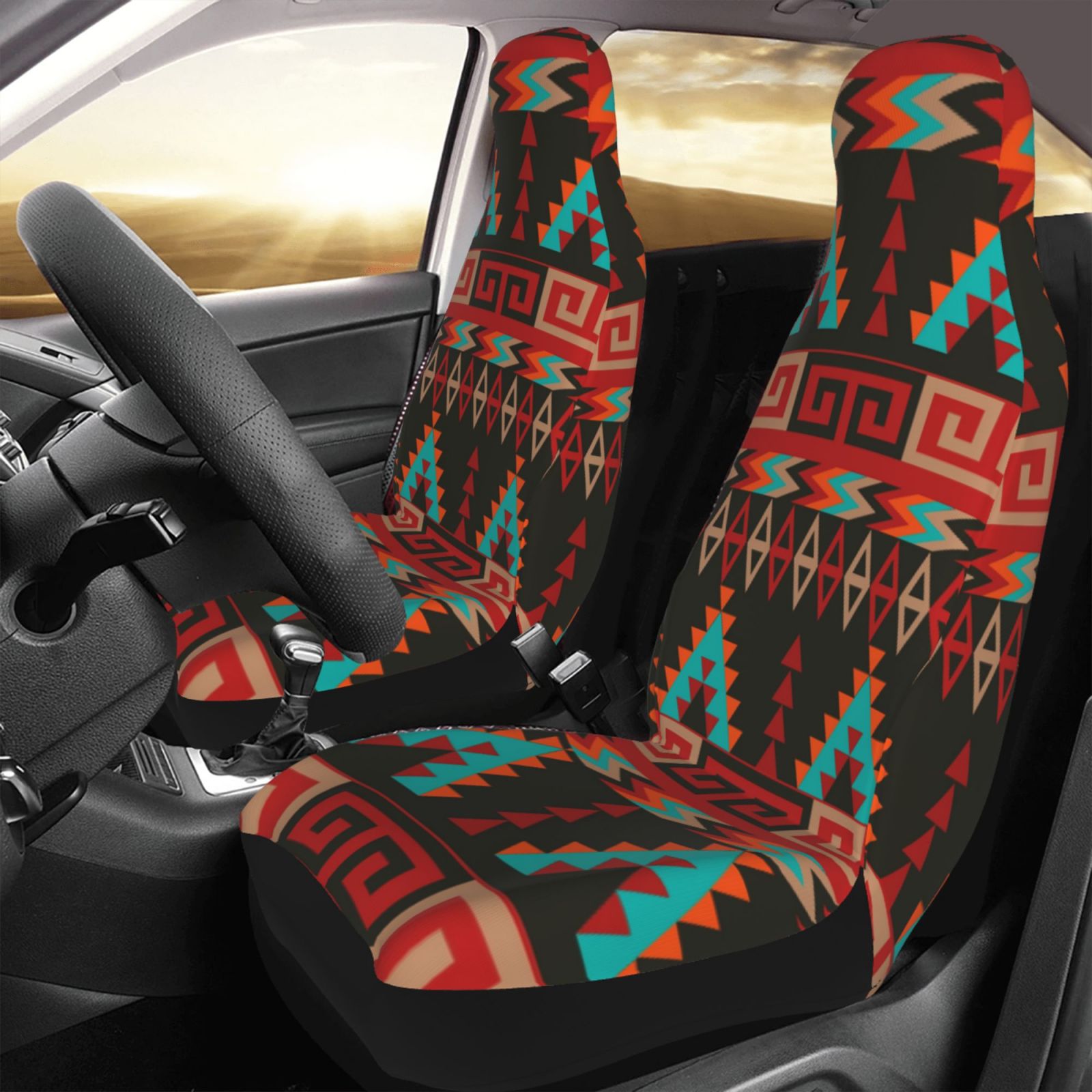 TEQUAN Front Seat Covers， Vintage Geometry Exotic Nordic Style Pattern 2 Piece Car Seat Cover Fit Most Car SUV Truck Van