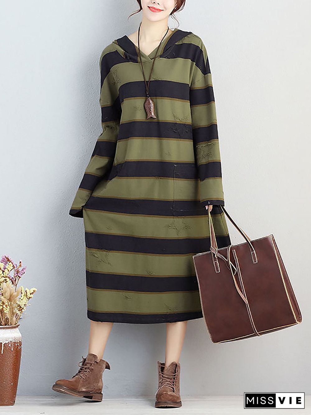 Plus Size Women Autumn Hooded Stripe Distressed Casual Dress