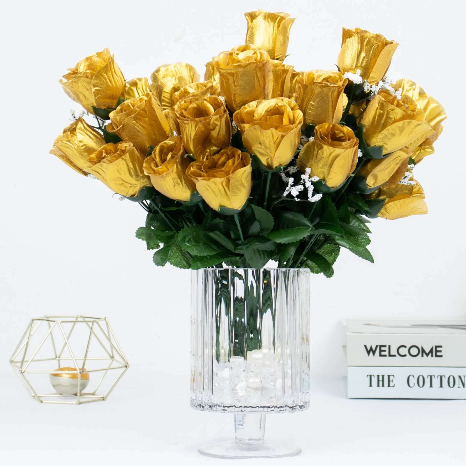 12 Bushes Gold Artificial Premium Silk Flower Rose Bud Bouquets