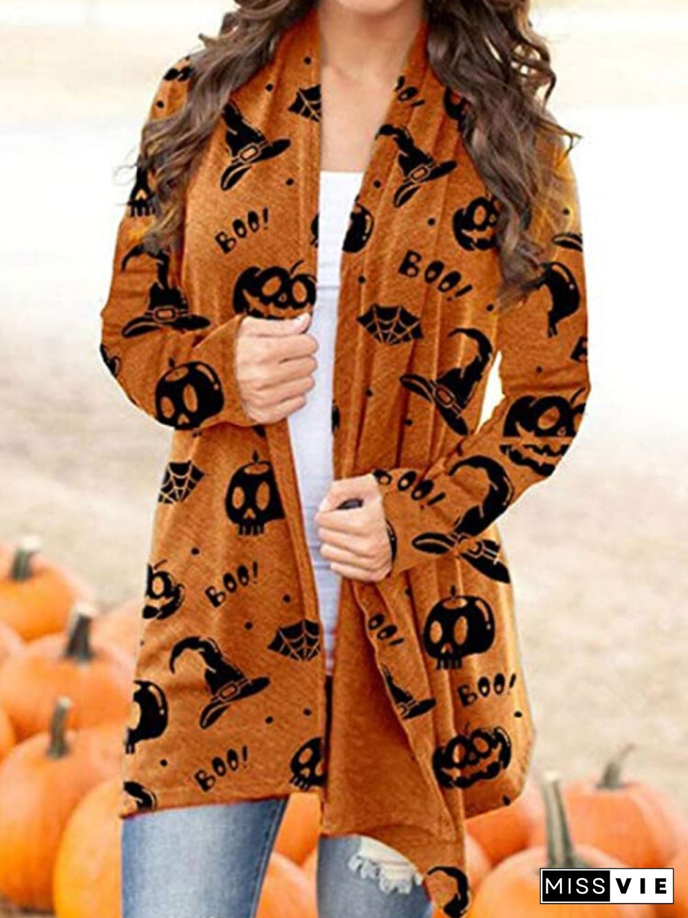 Cartoon Halloween Print Lapel Collar Long Sleeve Cardigan