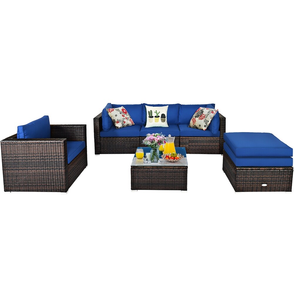 Costway 6PCS Patio Rattan Furniture Set Sofa Coffee Table Ottoman Navy   See Description