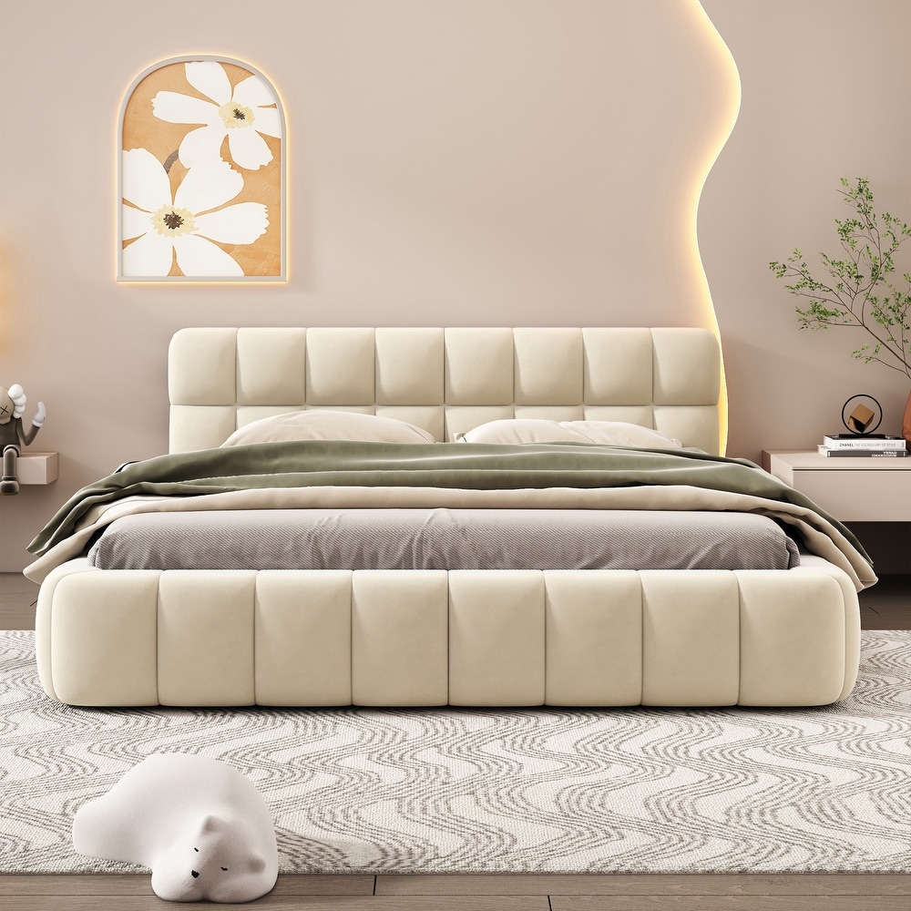 Queen Grounded Bed Thick Fabric Low Profile Upholstered Platform Bed  Beige