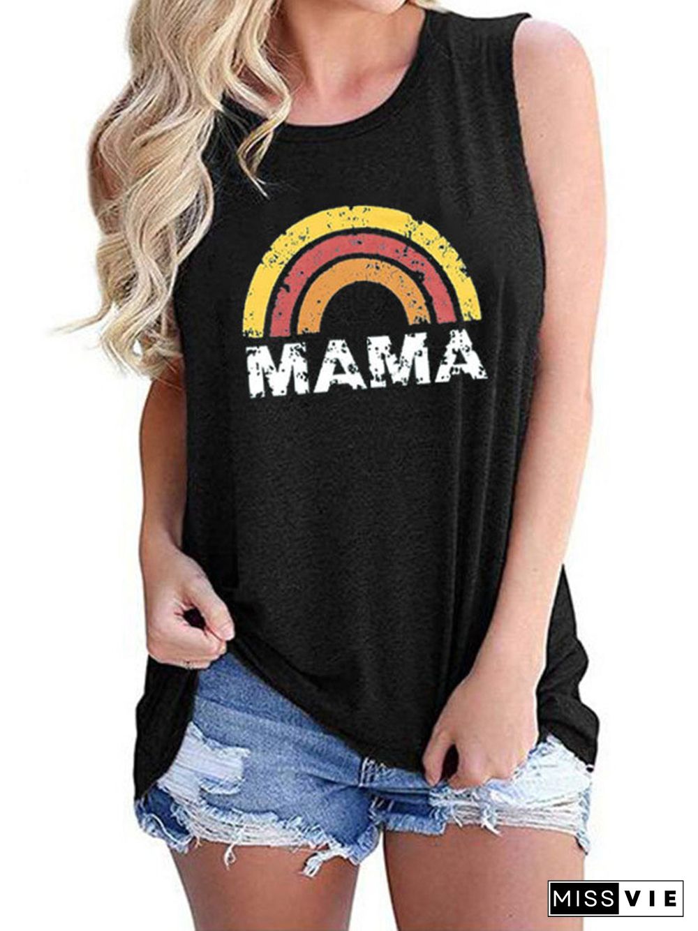 Round Neck Sleeveless Tank Top Printed Mama