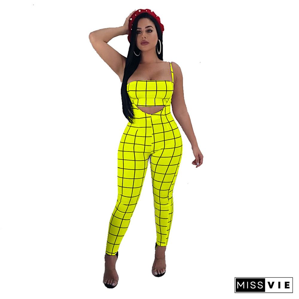 Plaid Strapless Crop Top+Skinny Jumpsuit Matching Sets