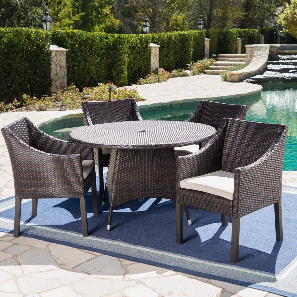 Franco Outdoor 5 piece Round Wicker Dining Set with Cushions   Umbrella Hole by Christopher Knight Home