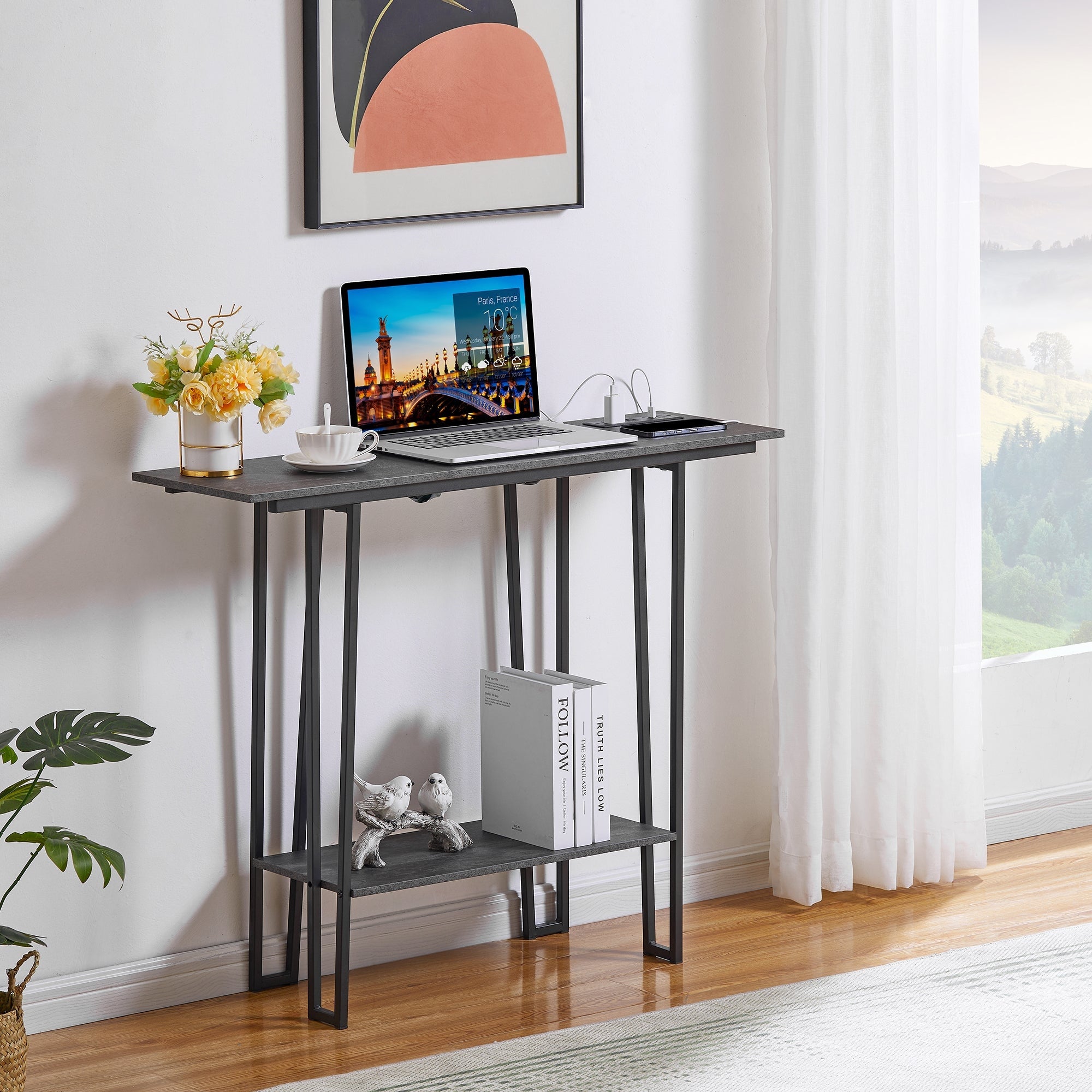 Industrial Rectangular Console Table with 2 Outlet and 2 USB Charging Ports