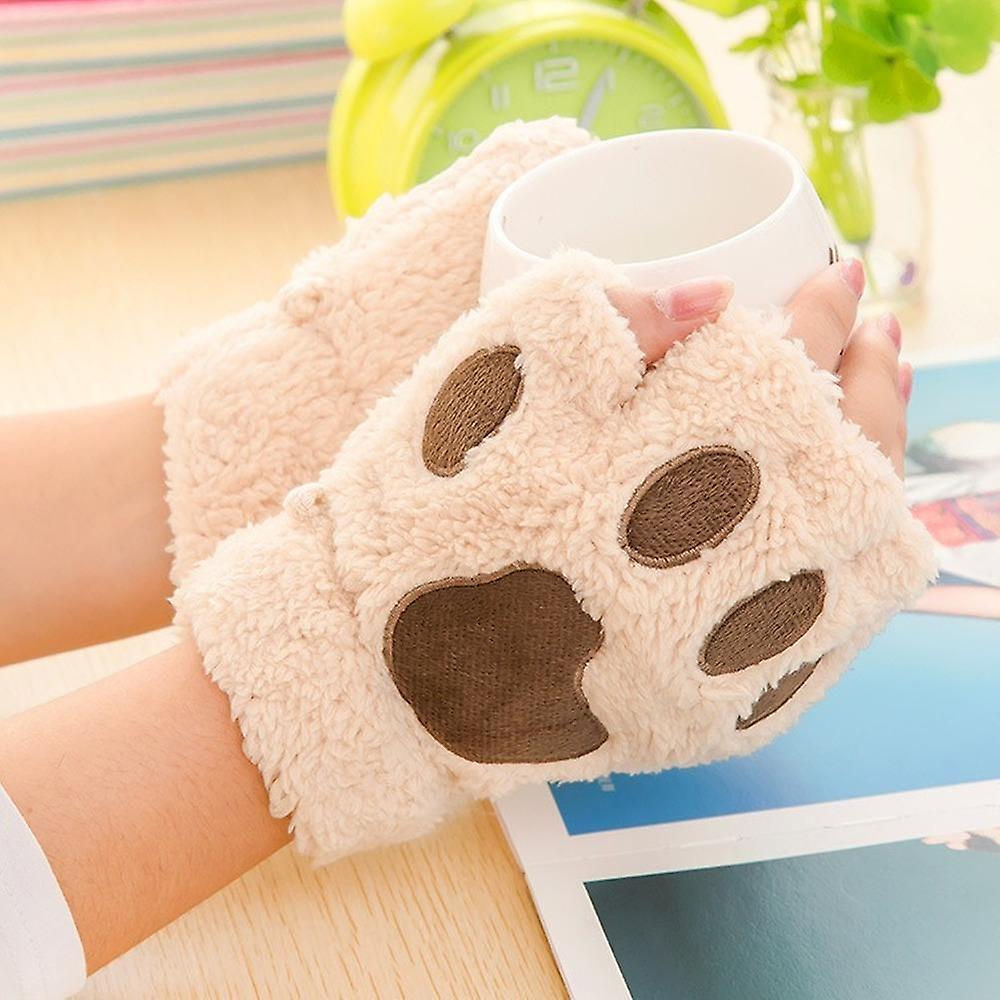 Women Bear Plush Fingerless Warm Bear Paw Cat Claw Gloves Cute Wind Plush Half Finger Gloves Christmas Halloween For Womens Girl