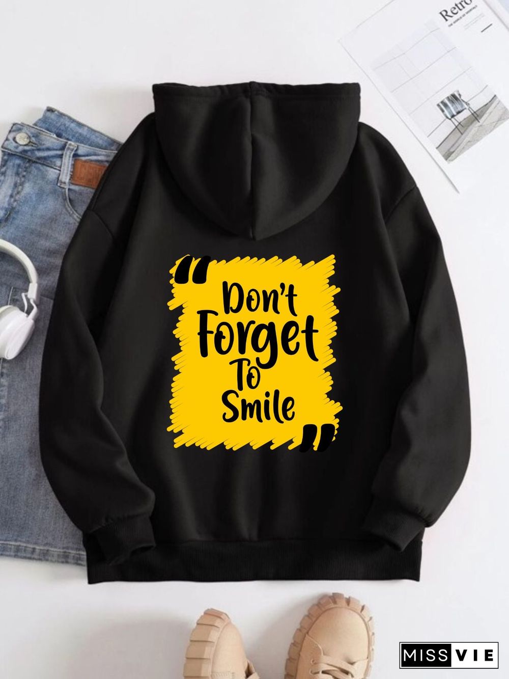 Printed on the Back Kangaroo Pocket Hoodie Long Sleeve for Women Pattern Don't Forget to Smile