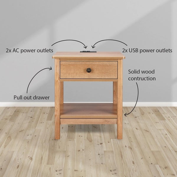 DecorTech Traditional Rectangular End Table with AC Power and USB Charging Ports， Oak