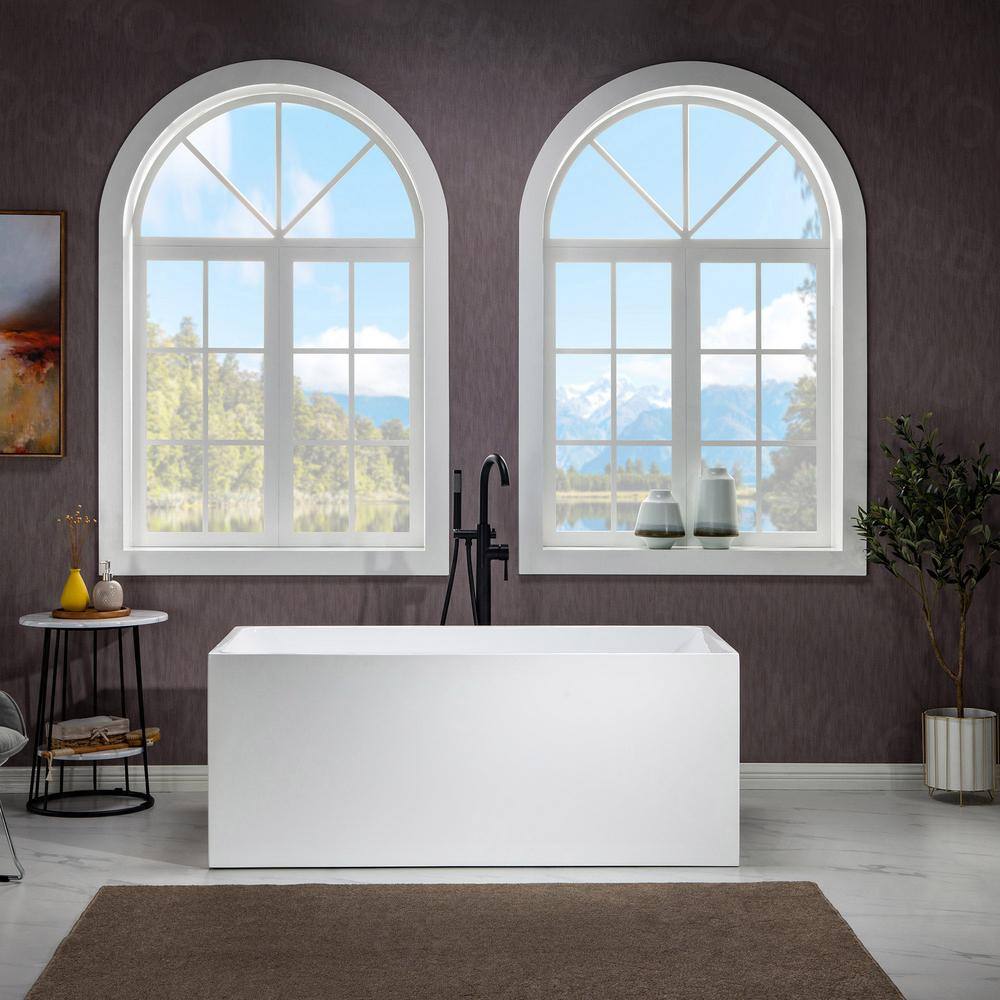 WOODBRIDGE Ahri 59 in. Acrylic Flatbottom Rectangle Bathtub with Matte Black Overflow and Drain Included in White HBT5897