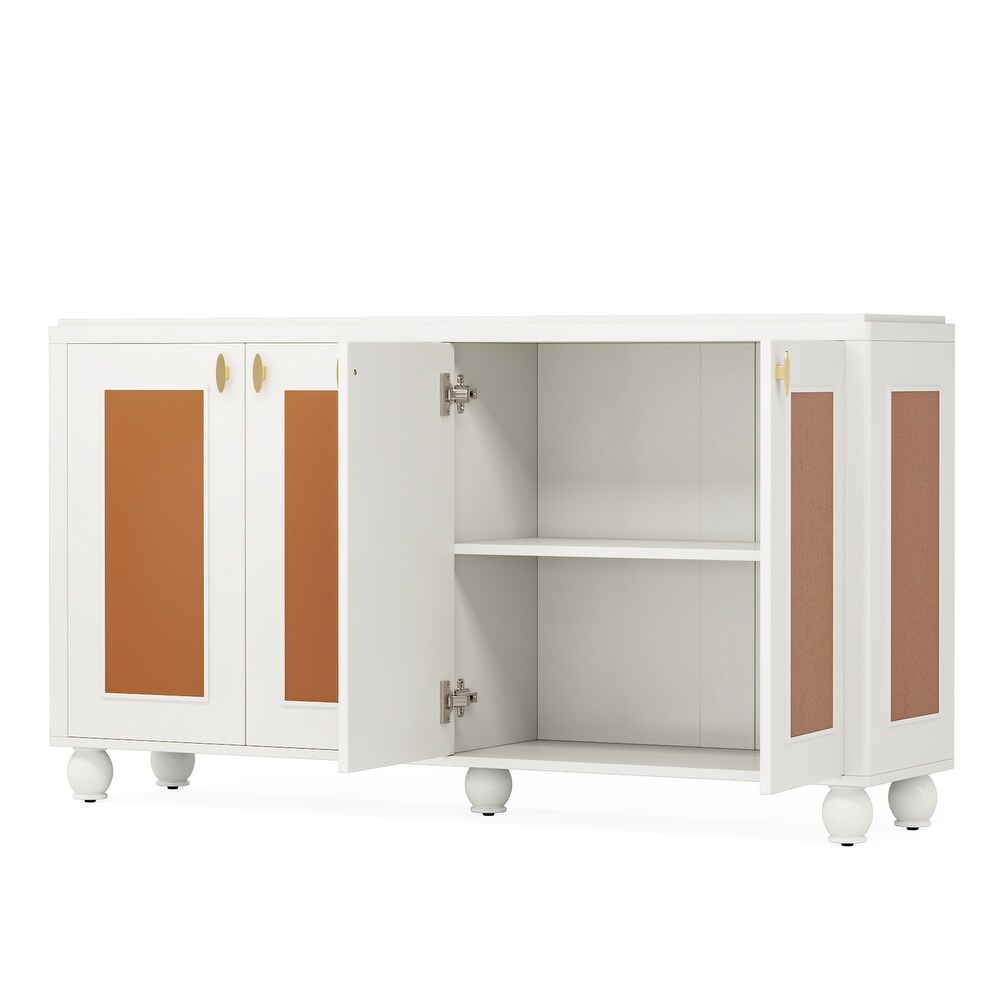 4 Door Sideboard Buffet Storage Cabinet with Orange Leather Doors and Adjustable Shelves for Kitchen Dining Room