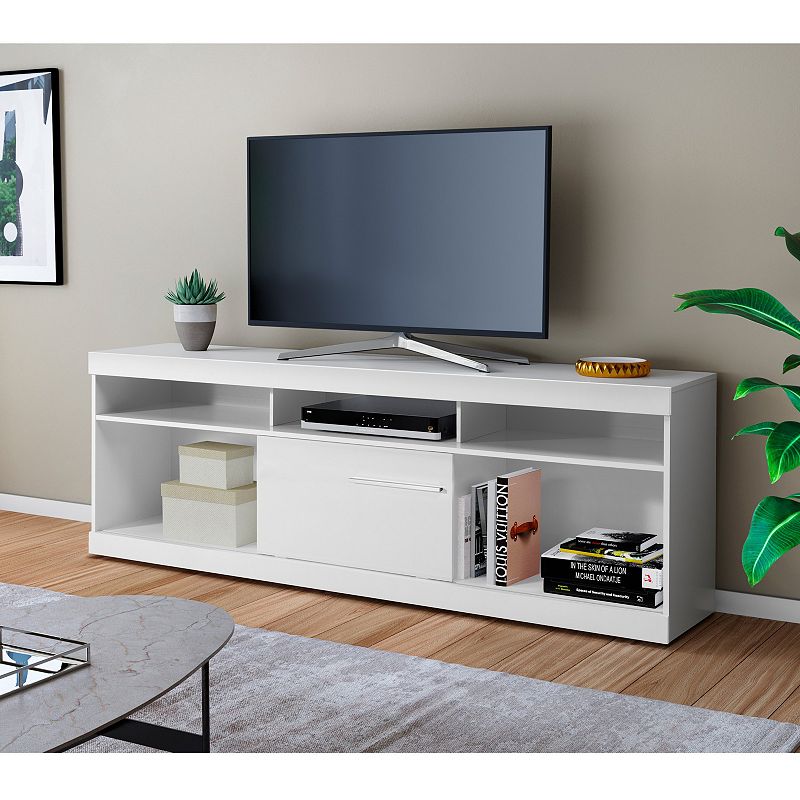 Hud 71 Inch Modern TV Console Media Entertainment Center， 5 Open Compartments， 1 Sliding Door， White