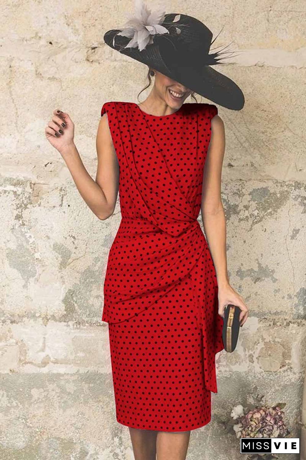 Sexy Polka Dot Pack Hip Sleeveless Midi Dress(4 Colors)