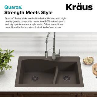 KRAUS Quarza Drop-inUndermount Granite Composite 33 in. 1-Hole 6040 Double Bowl Kitchen Sink in Grey KGD-442GREY