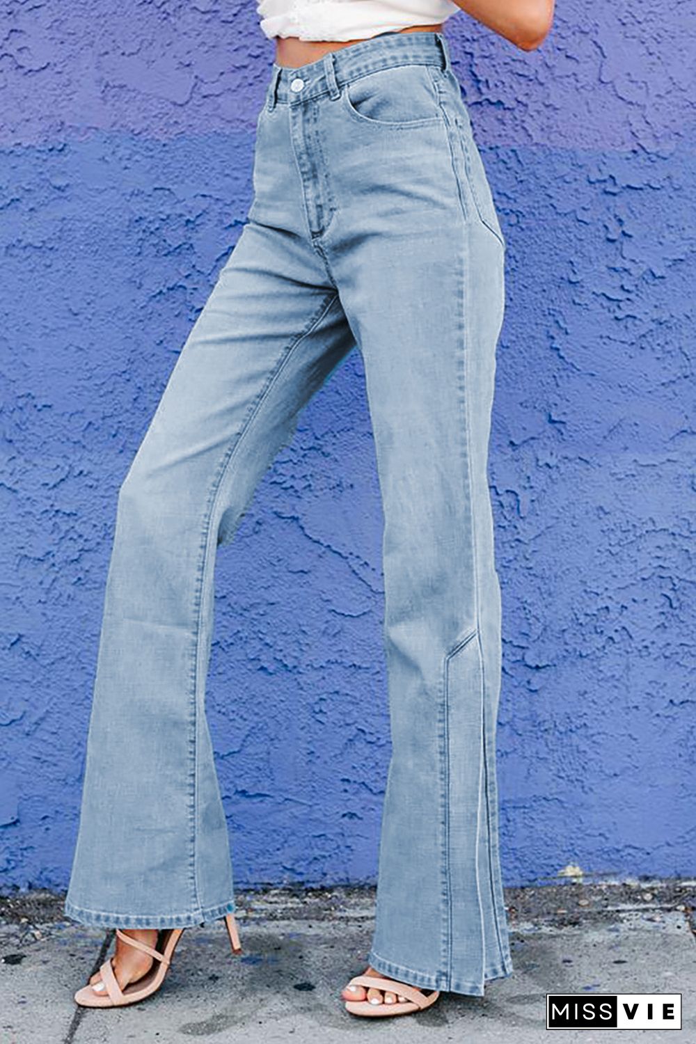 Sky Blue Wide Leg Split Hemline Flared Jeans