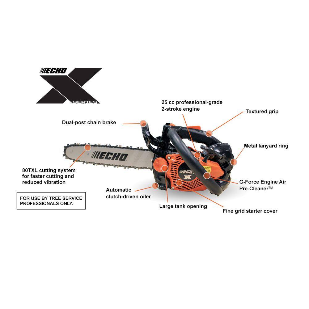 ECHO 12 in. 25.0 cc Gas 2-Stroke X Series Top Handle Arborist Chainsaw with Low Vibration SpeedCut Nano 80TXL Cutting System CS-2511TN-12