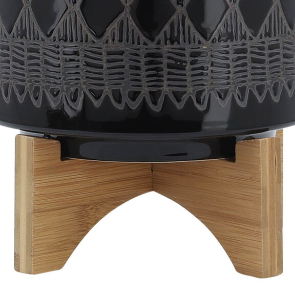 Ceramic 8 Aztec Planter On Wooden Stand  Black B0...