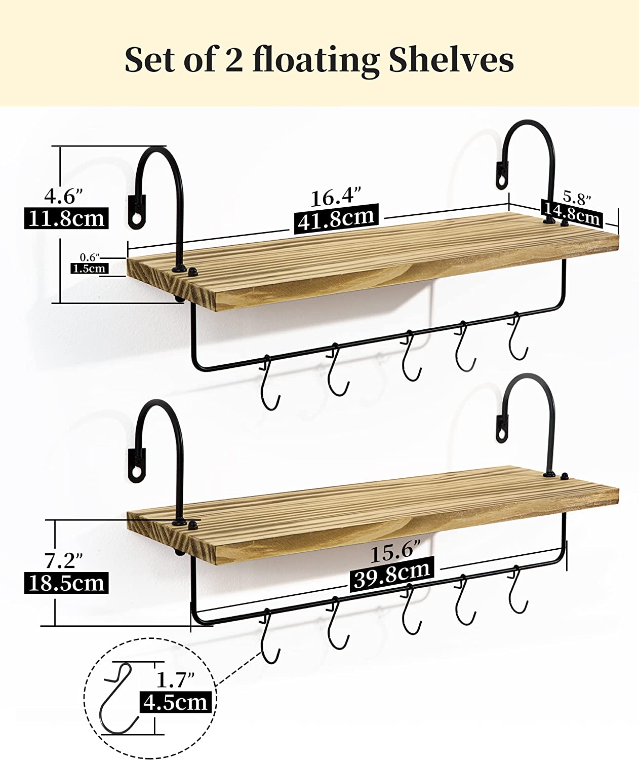 Afuly Floating Shelves with Hooks, Set of 2 Rustic Wall Mounted Wooden Decorative Storage Shelves with Towel Rack for Coffee Bar, Kitchen, Living Room