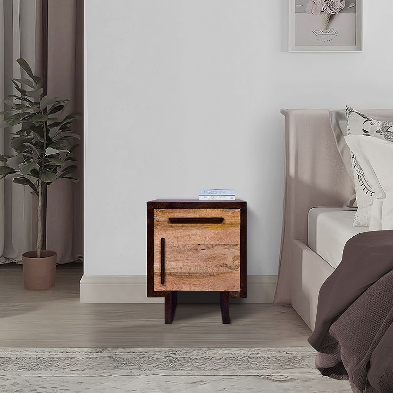 18.5 Inch Single Modern Contemporary Style Mango Wood Nightstand Side Table with 1 Drawer and Door， Cafe and Natural Brown