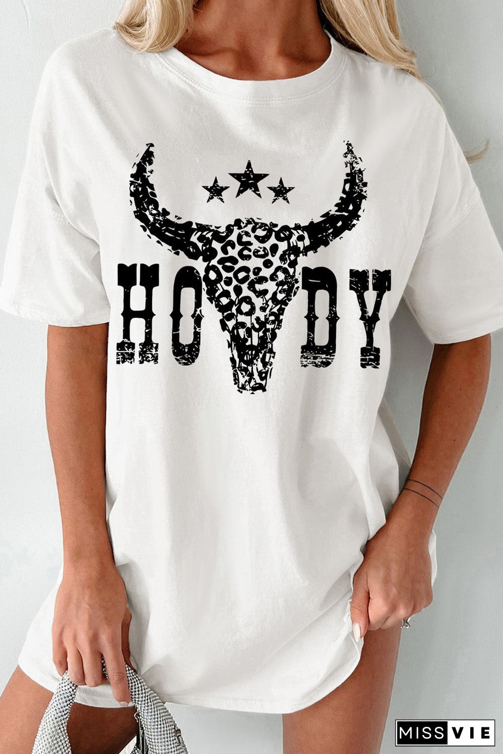 White HOWDY Cheetah Steer Head Print Oversized T Shirt