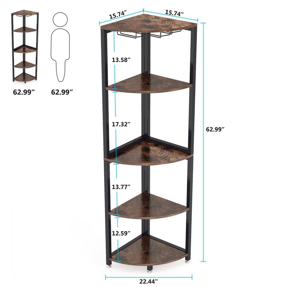 BYBLIGHT Eulas 63 in. Brown 5-Tier Corner Shelf Tall Corner Bookshelf Small Bookcase with Wine Glass Holder BB-JW0249XF