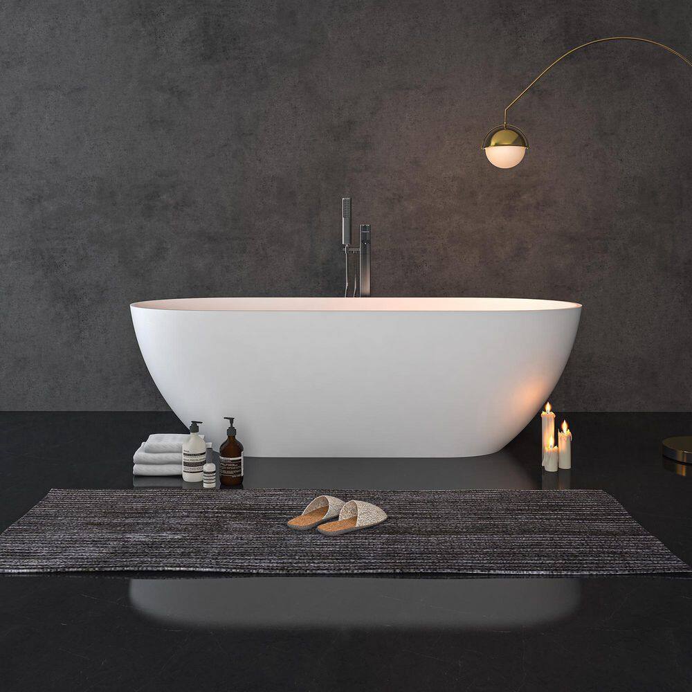 VANITYFUS 59 in. Stone Resin Flatbottom Solid Surface Freestanding Double Slipper Soaking Bathtub in White with Brass Drain VF-CloW36-S