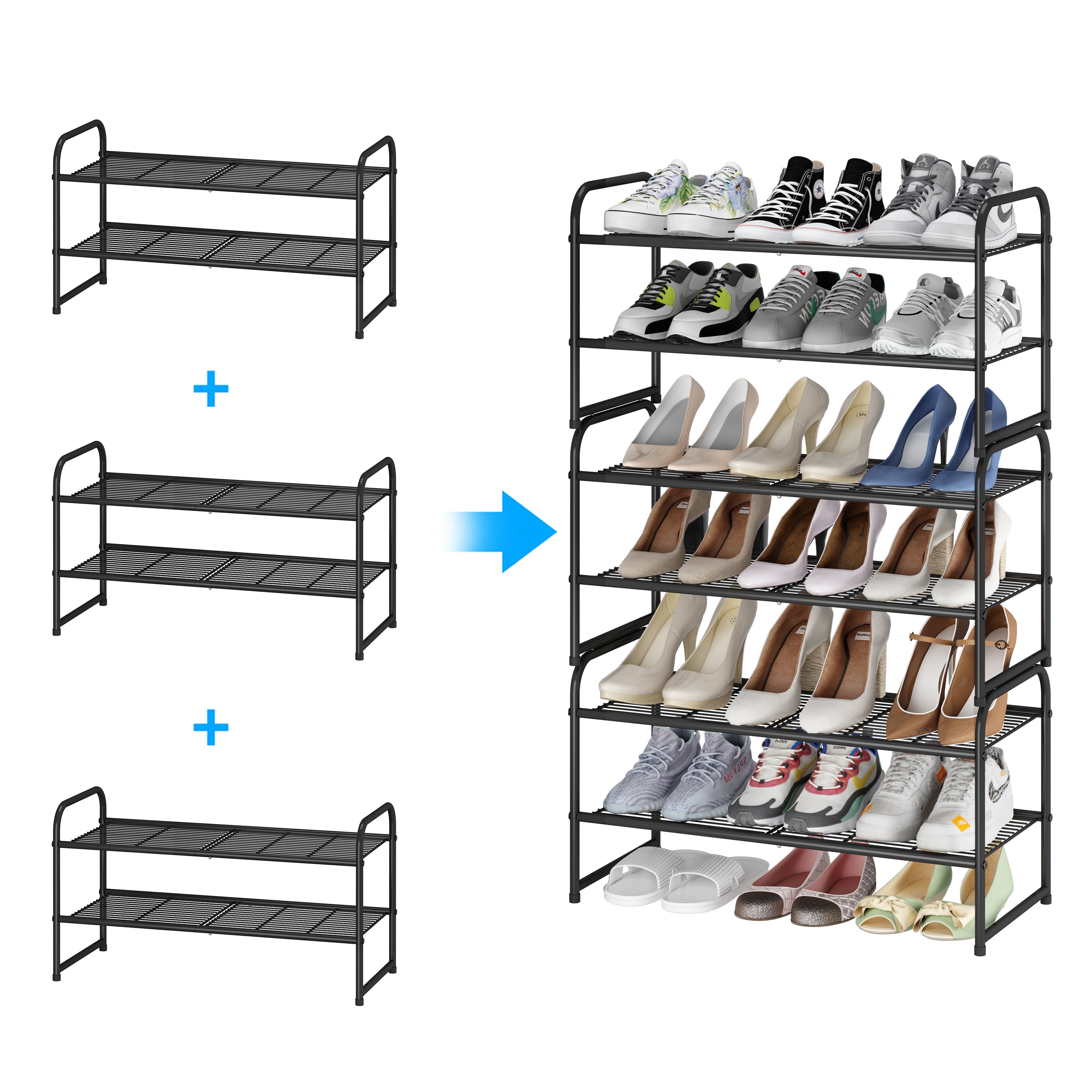 Simple Trending 2-Tier Stackable Shoe Rack， Metal Shoe Shelf Storage Organizer， Black