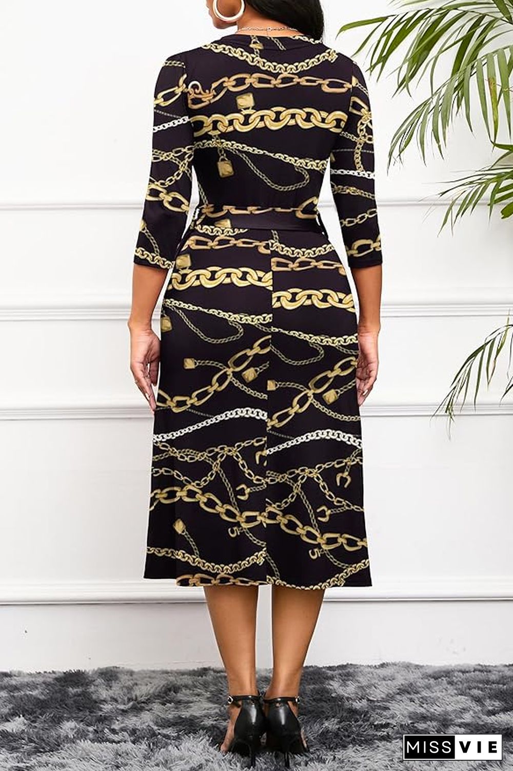 Trendy Print V-Neck Midi Dress