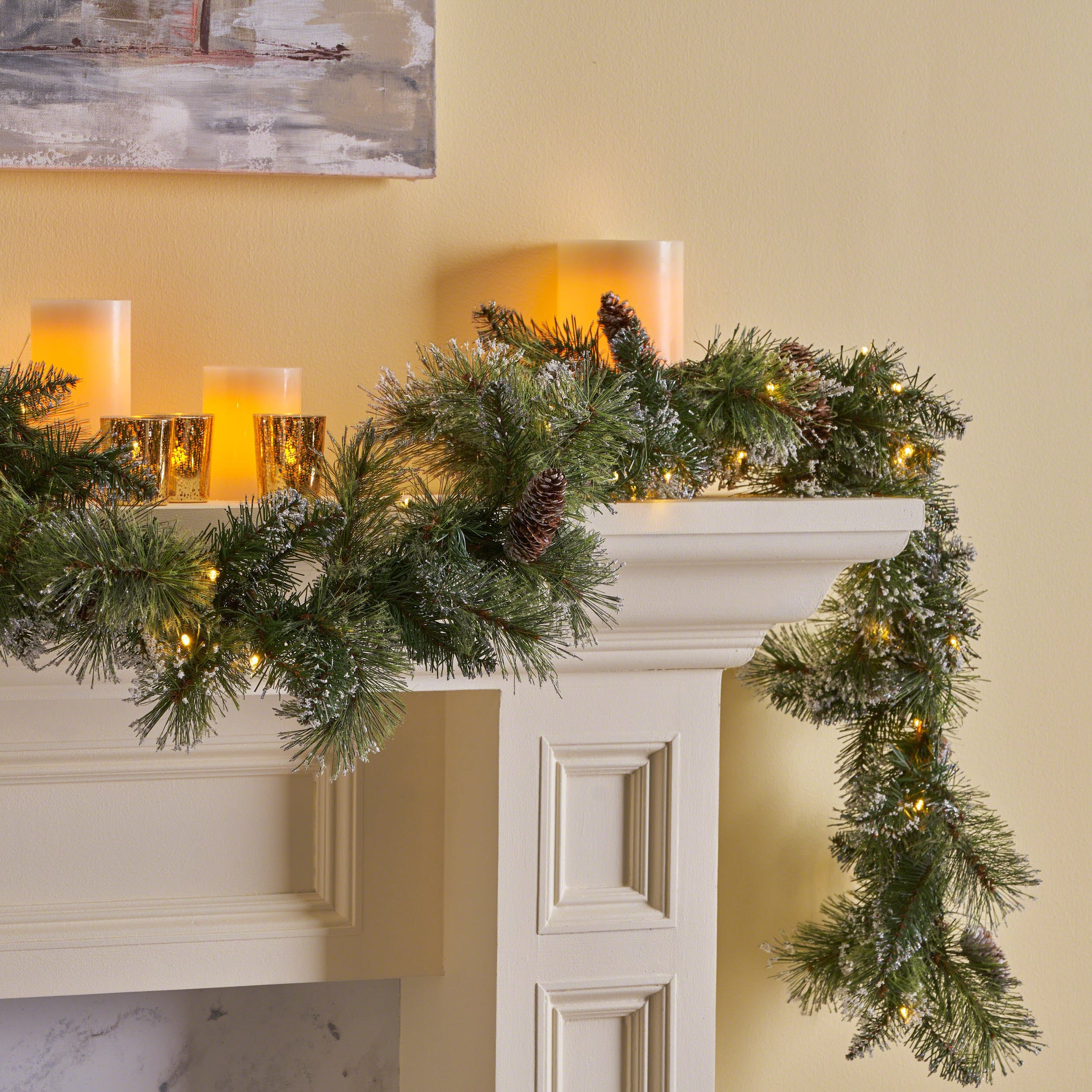 9-foot Cashmere Pine and Mixed Needle Pre-Lit Warm White LED Artificial Christmas Garland with Snow and Glitter Branches and Frosted Pinecones