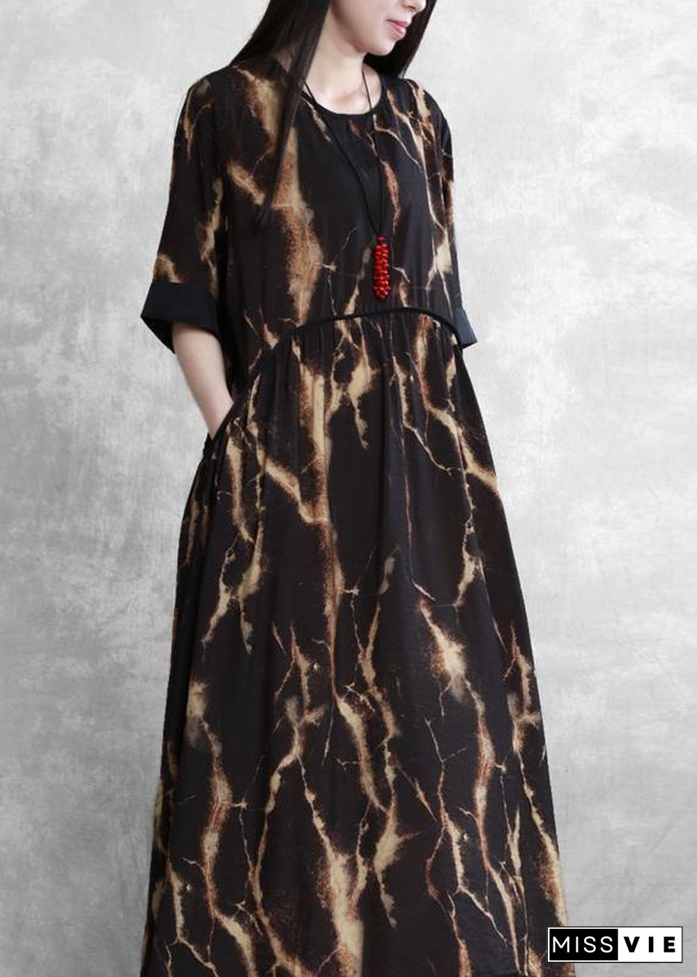 DIY black print clothes For Women o neck pockets robes summer Dress