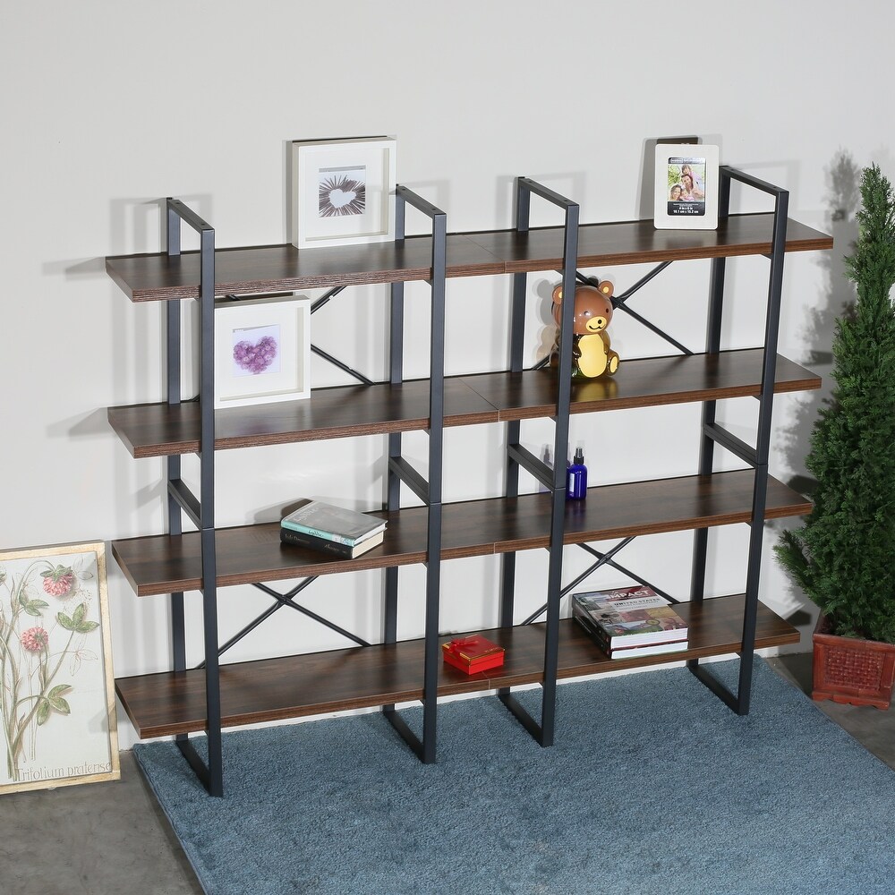 Large double bookcases with 8 walnut wood shelves for living room   82.68*11.34*56.69 inches