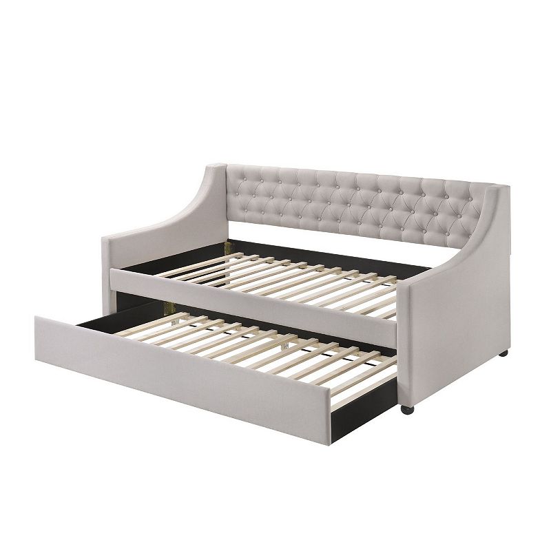 Fabric Twin Size Daybed with Button Tufted Back and Sloped Arms，Light Gray