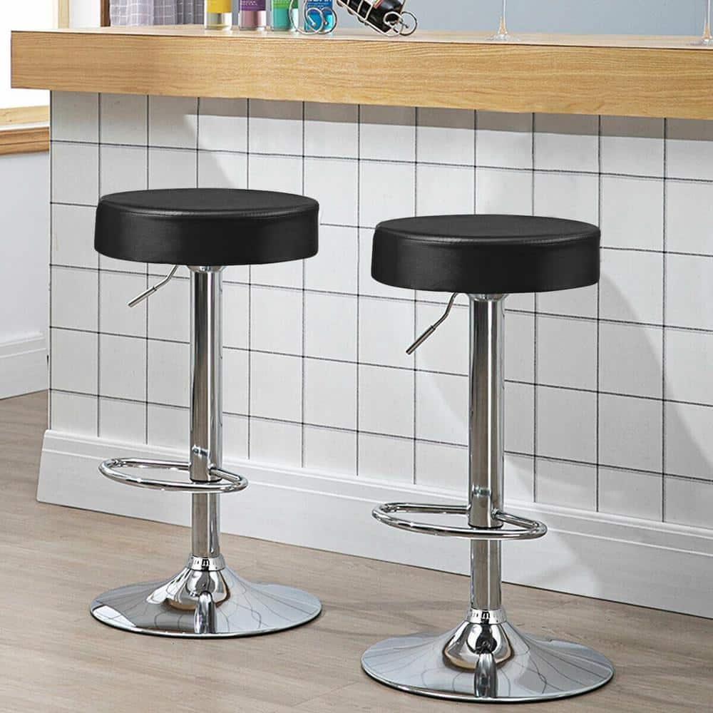 FORCLOVER 26-34 in. Black Backless Steel Frame Round Adjustable Swivel Bar Stool Pub Chair with PU Leather Seat COS-1BASTLBR791