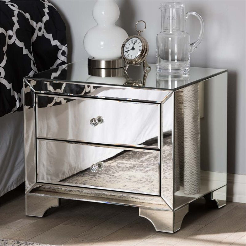 Home Square 2 Drawer Nightstand Set in Mirrored Silver Gray (Set of 2)