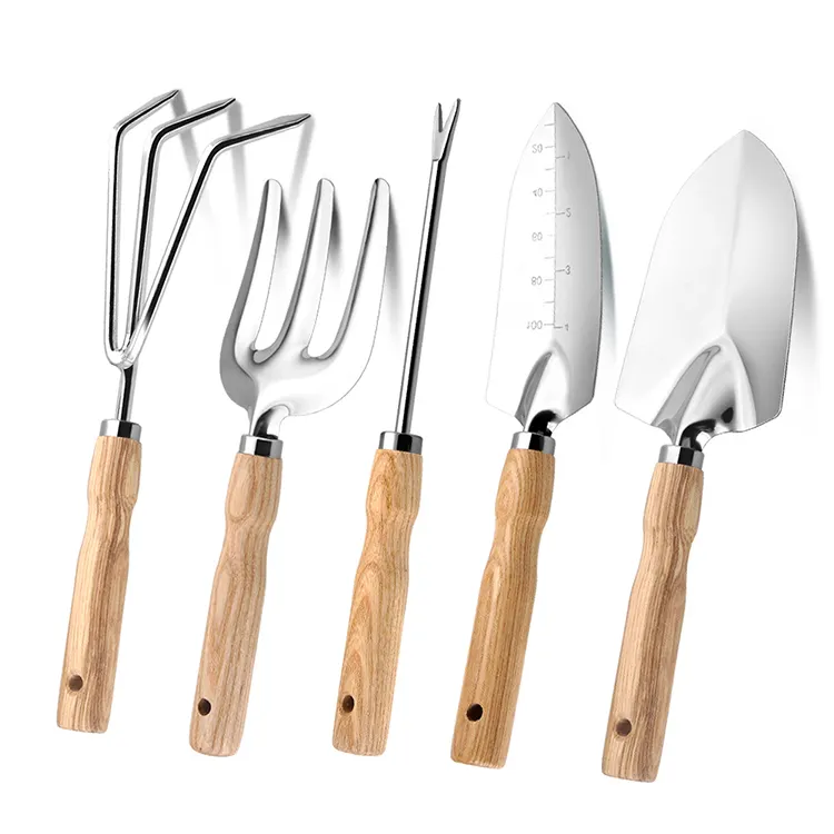 hot sale new wooden handle home mini 5pcs stainless steel home garden hand tool planting tools