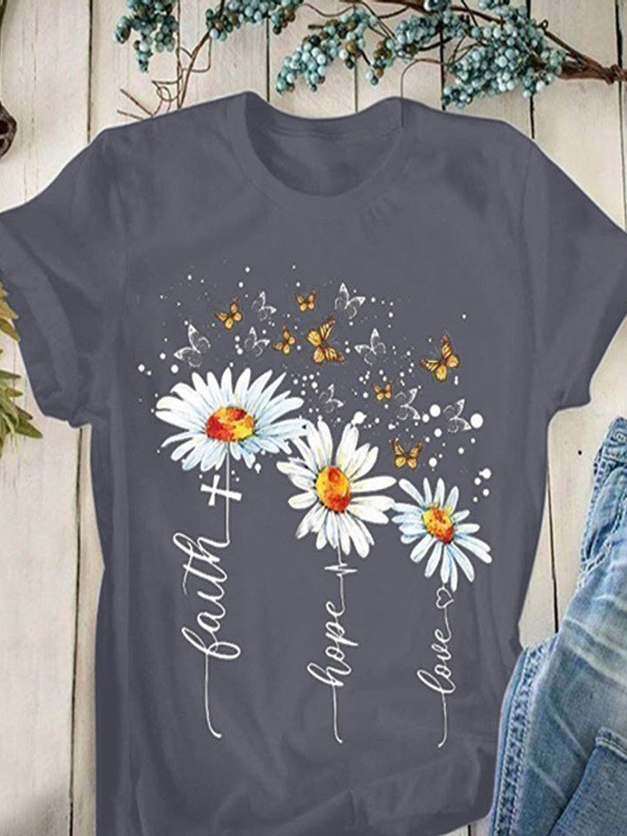 Round Neck Casual Creative Flower Print T-Shirt