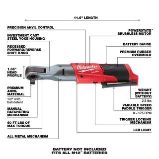 MW M12 FUEL 12V Lithium-Ion Brushless Cordless 12 in. Ratchet (Tool-Only) 2558-20