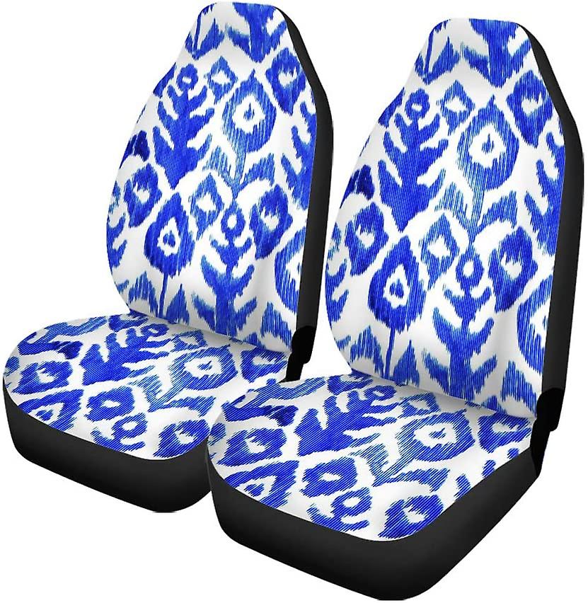 Set Of 2 Car Seat Covers Blue Hand Watercolor Floral Ikat Pattern Ceramics Colorful Indigo Universal Auto Front Seats Protector Fits