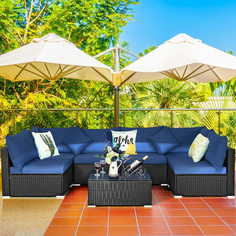 7 Pcs Rattan Patio Furniture Sectional Sofa Set Outdoor Wicker Conversation Set with Back & Seat Cushions Pillows