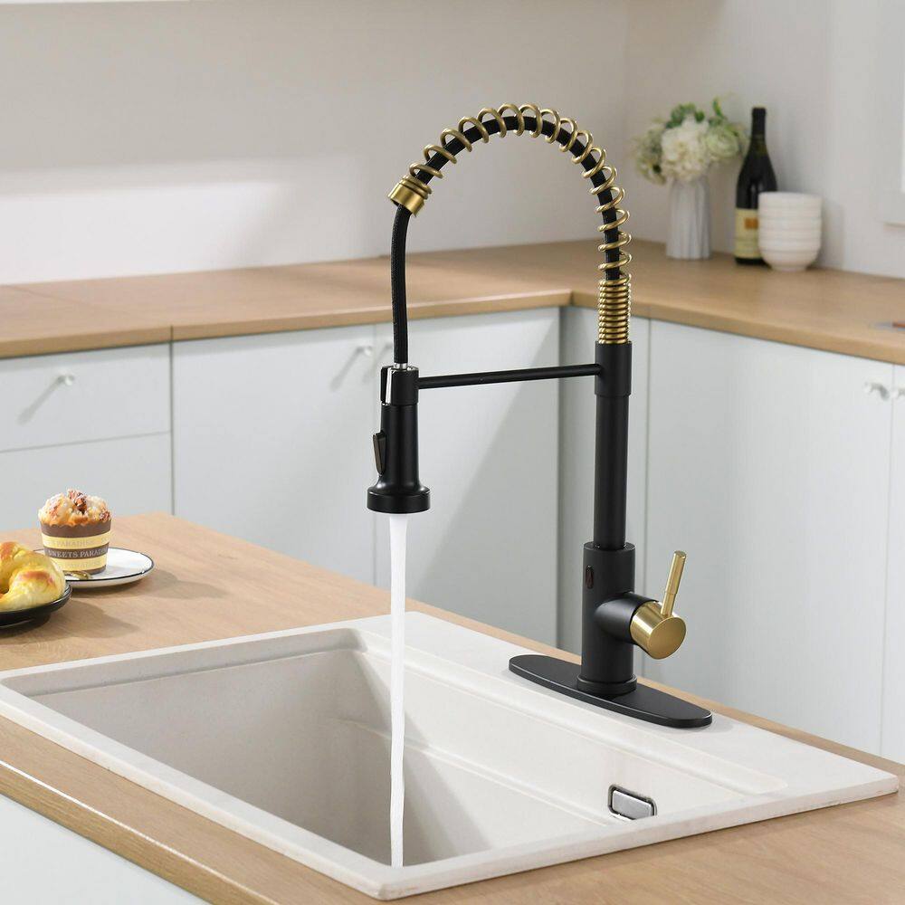 Boyel Living Single Handle Touchless Pull Down Sprayer Kitchen Faucet with Deckplate Included in Black  Brushed Gold BL-IS1306-33BG