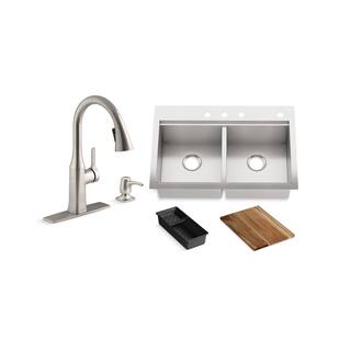 KOHLER Lyric Workstation 33 in. Dual Mount Stainless Steel Double Bowl Kitchen Sink with Rubicon Kitchen Faucet K-R20147-VSR23376