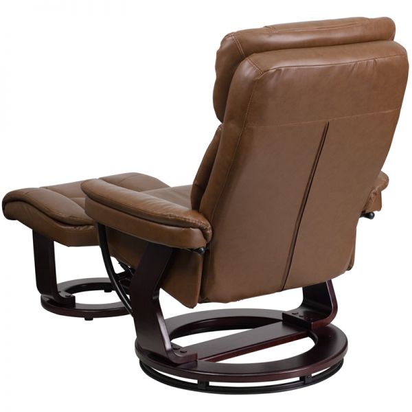 Allie Contemporary Multi-Position Recliner and Curved Ottoman with Swivel Mahogany Wood Base in Palimino LeatherSoft