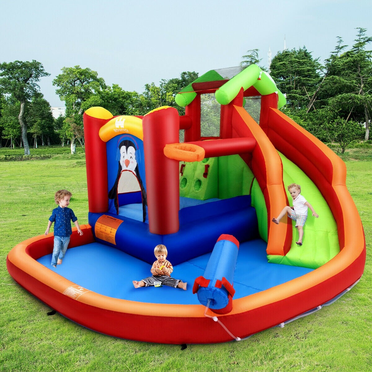 6 in 1 Jumping Bounce House w/ Climbing Wall & Water Slide for Outdoor Backyard