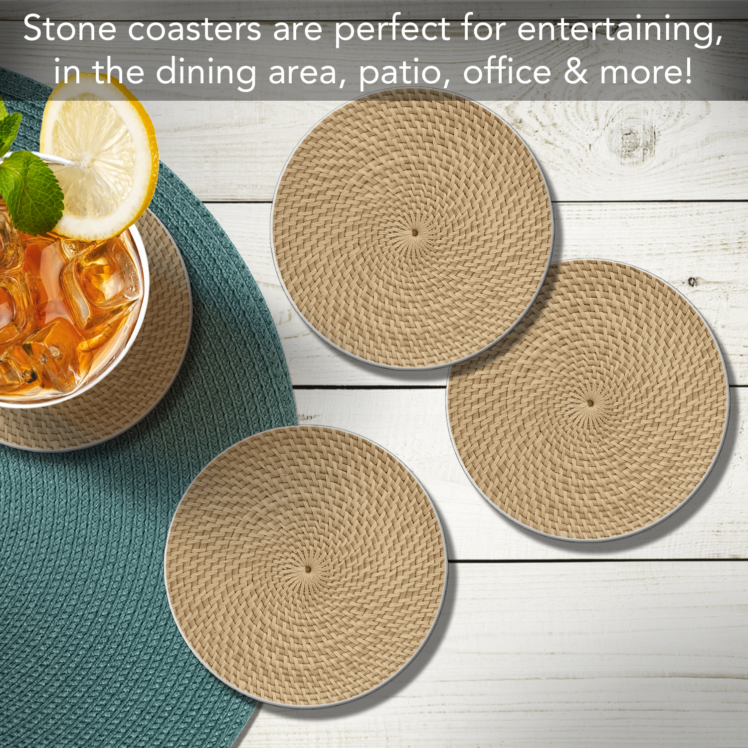 CounterArt Basket Weave Design Decorative Round Single Image Absorbent Stone Coaster 4 Pack